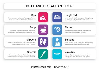 Set of 8 white hotel and restaurant icons such as Spa, Soup, Slippers, Skewer, Single bed, Shrimp isolated on colorful background