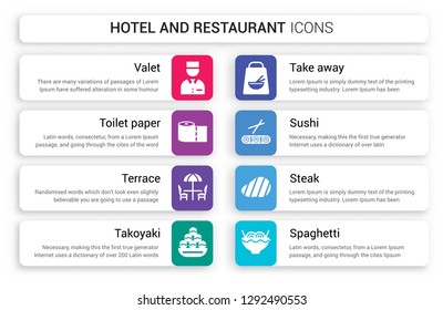 Set of 8 white hotel and restaurant icons such as Valet, Toilet paper, Terrace, Takoyaki, Take away, Sushi isolated on colorful background