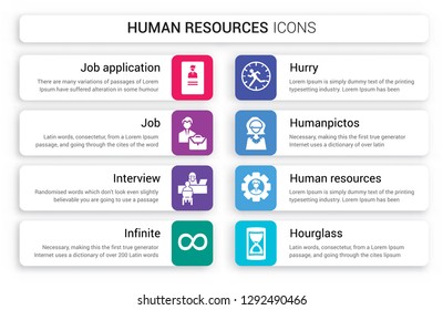 Set of 8 white human resources icons such as job Application, Job, Interview, Infinite, Hurry, Humanpictos isolated on colorful background