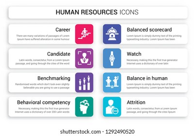 Set of 8 white human resources icons such as Career, Candidate, Benchmarking, Behavioral competency, Balanced scorecard, Watch isolated on colorful background