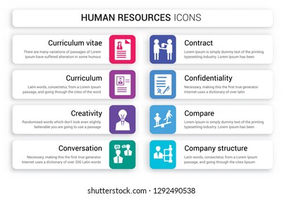 Set of 8 white human resources icons such as Curriculum vitae, Curriculum, Creativity, Conversation, Contract, Confidentiality agreement isolated on colorful background