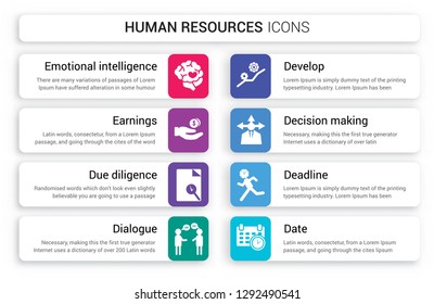 Set of 8 white human resources icons such as Emotional intelligence, Earnings, Due diligence, Dialogue, Develop, Decision making isolated on colorful background