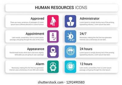 Set of 8 white human resources icons such as Approved, Appointment, Appearance, Alarm, Administrator, 24/7 isolated on colorful background