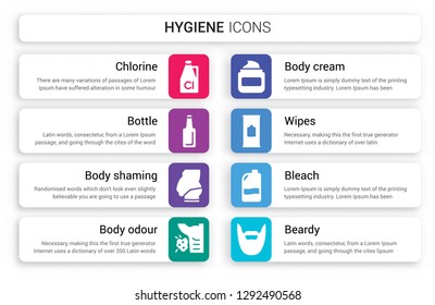 Set of 8 white hygiene icons such as Chlorine, Bottle, body shaming, odour, Cream, Wipes isolated on colorful background