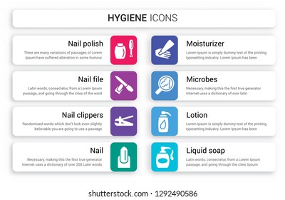 Set of 8 white hygiene icons such as Nail polish, file, clippers, Nail, Moisturizer, microbes isolated on colorful background