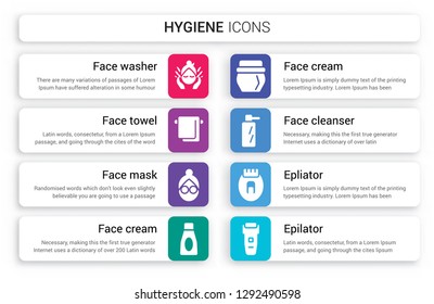 Set of 8 white hygiene icons such as face washer, towel, Face mask, cream, cleanser isolated on colorful background