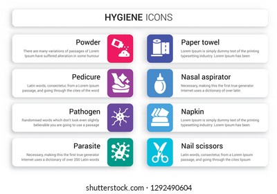 Set of 8 white hygiene icons such as powder, Pedicure, pathogen, parasite, paper towel, Nasal aspirator isolated on colorful background