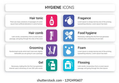 Set of 8 white hygiene icons such as hair tonic, Hair comb, grooming, Gel, Fragance, food isolated on colorful background