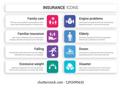 Set of 8 white insurance icons such as Family Care, Familiar insurance, Falling, Excessive weight for the vehicle, Engine problems, Elderly isolated on colorful background