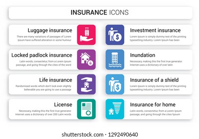 Set of 8 white insurance icons such as Luggage insurance, Locked padlock Life License, Investment Inundation isolated on colorful background