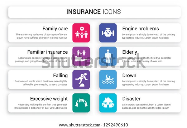 Set of 8 white insurance\
icons such as Family Care, Familiar insurance, Falling, Excessive\
weight for the vehicle, Engine problems, Elderly isolated on\
colorful background