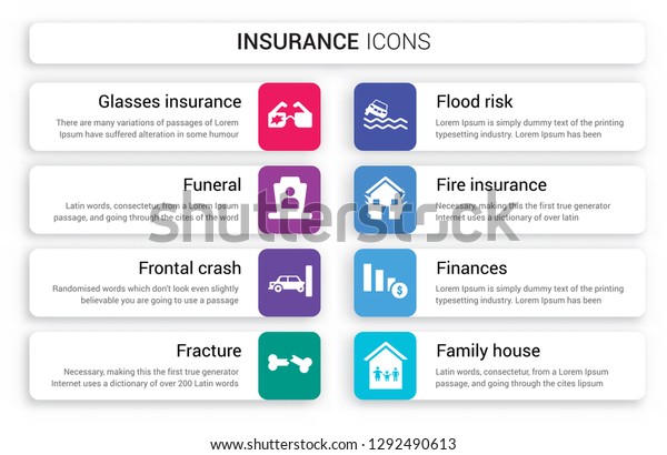 Set of 8 white insurance icons such as Glasses\
insurance, Funeral, Frontal crash, Fracture, Flood risk, Fire\
isolated on colorful\
background