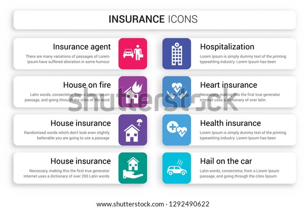 Set of 8 white insurance icons such as\
Insurance agent, House on fire, for storms, insurance,\
Hospitalization, Heart isolated colorful\
background