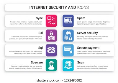 Set of 8 white internet security and icons such as Sync, Ssl, Sql, Spyware, Spam, Server isolated on colorful background
