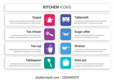 Set of 8 white kitchen icons such as teapot, tea infuser, Tea cup, tablespoon, tablecloth, sugar sifter isolated on colorful background