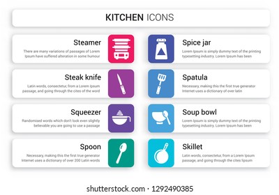 Set of 8 white kitchen icons such as steamer, steak knife, Squeezer, Spoon, spice jar, Spatula isolated on colorful background