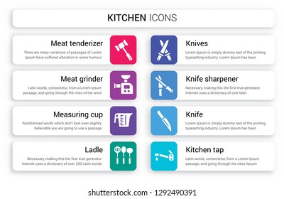 Set of 8 white kitchen icons such as meat tenderizer, Meat grinder, Measuring cup, Ladle, Knives, knife sharpener isolated on colorful background