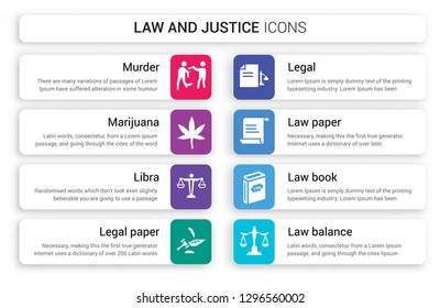 Set of 8 white law and justice icons such as murder, Marijuana, Libra, Legal paper, Legal, Paper isolated on colorful background