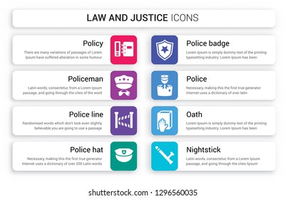 Set of 8 white law and justice icons such as policy, Policeman, Police line, hat, badge, isolated on colorful background