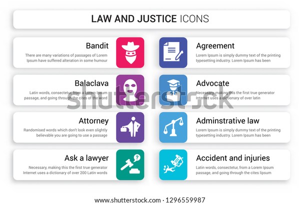 Set of 8 white law and justice icons such as\
Bandit, Balaclava, attorney, ask a lawyer, Agreement, advocate\
isolated on colorful\
background