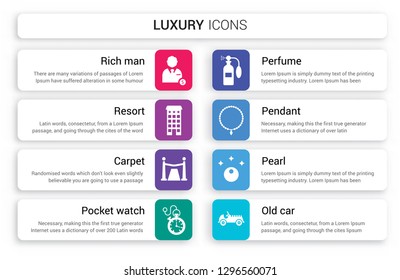 Set of 8 white luxury icons such as Rich man, Resort, carpet, Pocket watch, Perfume, Pendant isolated on colorful background