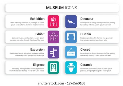 Set of 8 white museum icons such as Exhibition, Exhibit, Excursion, El greco, Dinosaur, Curtain isolated on colorful background