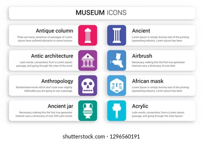 Set of 8 white museum icons such as antique Column, antic Architecture, Anthropology, Ancient jar, Ancient, Airbrush isolated on colorful background