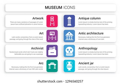 Set of 8 white museum icons such as Artwork, Art, Archivist, Arc, antique Column, antic Architecture isolated on colorful background