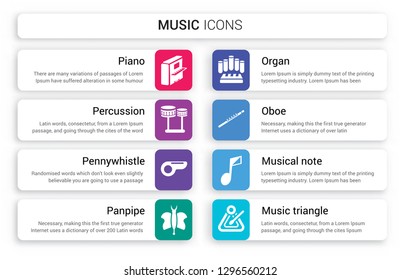 Set of 8 white music icons such as Piano, Percussion, Pennywhistle, Panpipe, Organ, Oboe isolated on colorful background