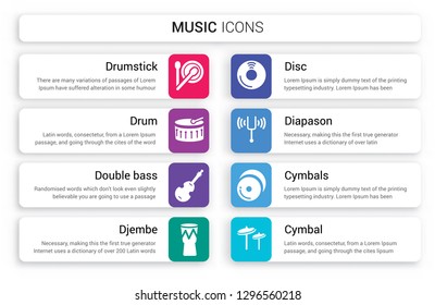 Set of 8 white music icons such as Drumstick, Drum, Double bass, Djembe, Disc, Diapason isolated on colorful background