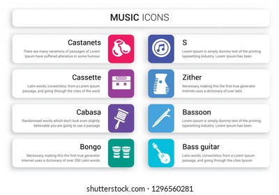 Set of 8 white music icons such as Castanets, Cassette, Cabasa, Bongo, s, Zither isolated on colorful background