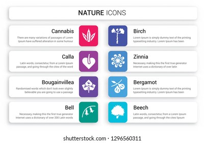 Set of 8 white nature icons such as Cannabis, Calla, Bougainvillea, bell, Birch, Zinnia isolated on colorful background