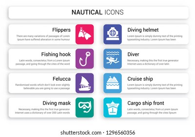 Set of 8 white nautical icons such as Flippers, Fishing Hook, felucca, Diving mask, Helmet, Diver isolated on colorful background