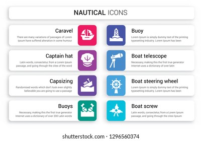 Set of 8 white nautical icons such as caravel, Captain Hat, capsizing, Buoys, Buoy, Boat Telescope isolated on colorful background
