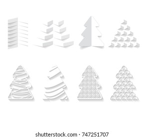 set of 8 white paper Christmas trees isolated on the white background