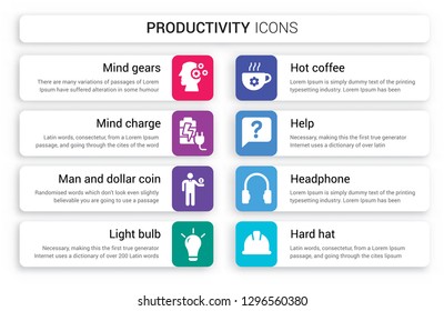 Set of 8 white productivity icons such as Mind gears, Charge, Man and dollar coin, Light bulb, Hot Coffee, Help isolated on colorful background
