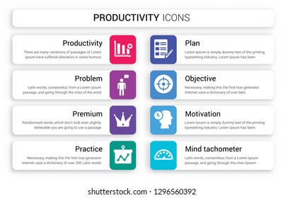 Set of 8 white productivity icons such as Productivity, Problem, Premium, Practice, Plan, Objective isolated on colorful background