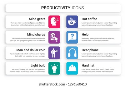 Set of 8 white productivity icons such as Mind gears, Charge, Man and dollar coin, Light bulb, Hot Coffee, Help isolated on colorful background