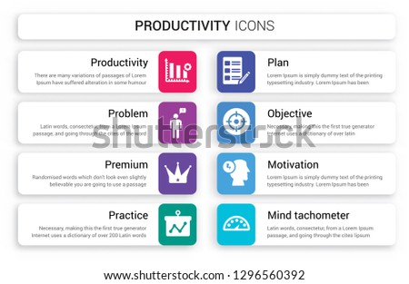 Set of 8 white productivity icons such as Productivity, Problem, Premium, Practice, Plan, Objective isolated on colorful background