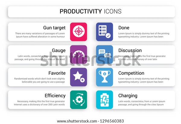 Set of 8 white productivity icons such as Gun
target, Gauge, Favorite, Efficiency, Done, Discussion isolated on
colorful background