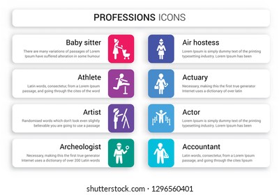 Set of 8 white professions icons such as Baby sitter, athlete, Artist, Archeologist, Air hostess, Actuary isolated on colorful background