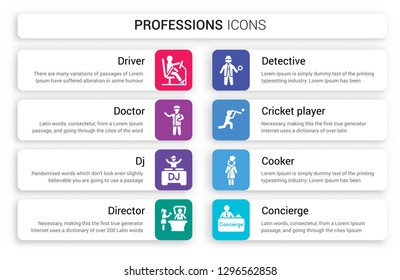 Set of 8 white professions icons such as Driver, Doctor, dj, Director, Detective, Cricket player isolated on colorful background