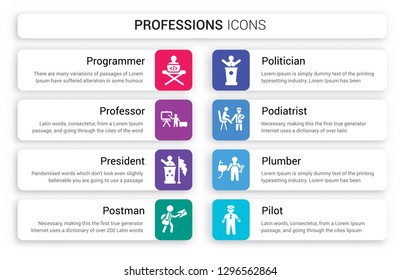 Set of 8 white professions icons such as Programmer, Professor, President, Postman, Politician, Podiatrist isolated on colorful background