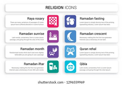 Set of 8 white religion icons such as Raya Rosary, Ramadan Sunrise, Month, Iftar, Fasting, Crescent Moon isolated on colorful background