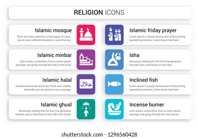 Set of 8 white religion icons such as Islamic Mosque, Minbar, Halal, Ghusl, Friday Prayer, Isha isolated on colorful background svg