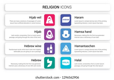 Set of 8 white religion icons such as Hijab veil, Hijab, Hebrew Wine, Hebrew, Haram, Hamsa Hand isolated on colorful background