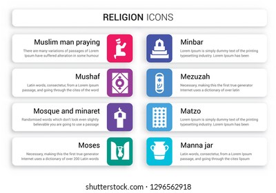 Set of 8 white religion icons such as Muslim Man Praying, Mushaf, Mosque and Minaret, Moses, Minbar, Mezuzah isolated on colorful background