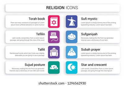 Set of 8 white religion icons such as Torah Book, Tefilin, Tallit, Sujud Posture, Sufi Mystic, Sufganiyah isolated on colorful background