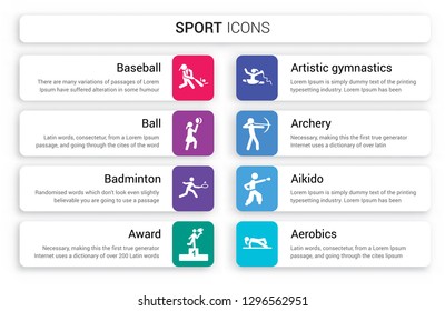 Set of 8 white sport icons such as Baseball, Ball, Badminton, Award, artistic gymnastics, Archery isolated on colorful background