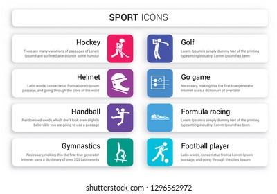 Set of 8 white sport icons such as Hockey, Helmet, handball, Gymnastics, Golf, Go game isolated on colorful background